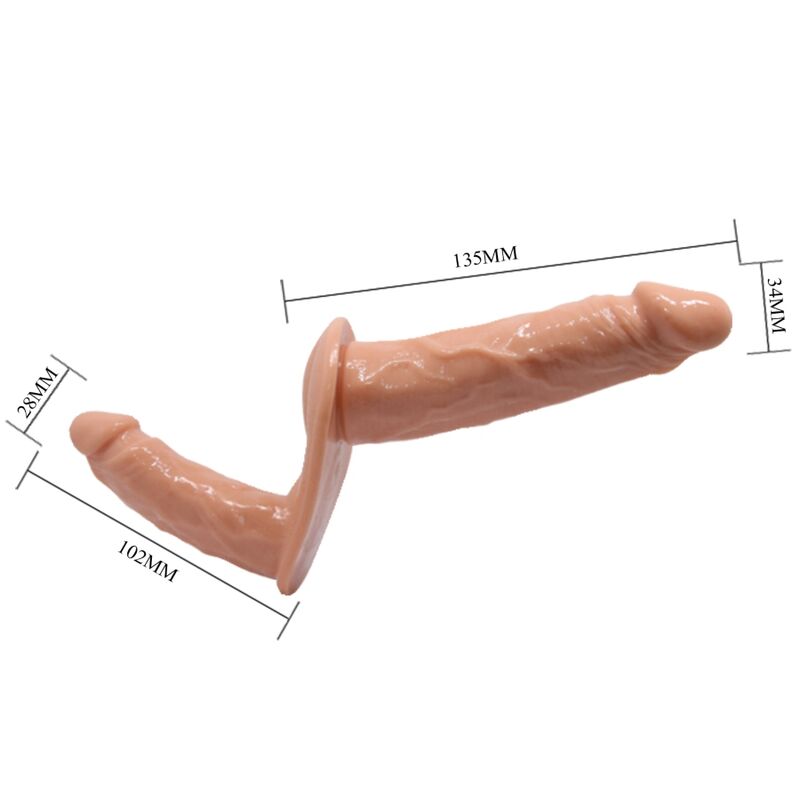 Dildo doppio BAILE Ultra Appassionata con imbracatura della collezione BAILE HARNESS COLLECTION, in dettaglio.