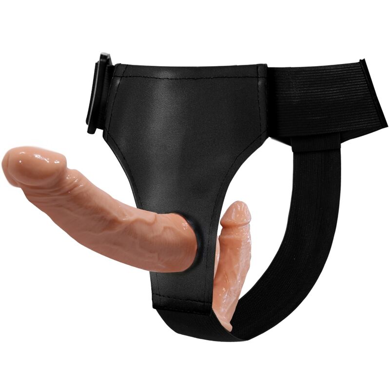 Dildo doppio BAILE Ultra Appassionata con imbracatura della BAILE HARNESS COLLECTION, in dettaglio con finiture e design ergonomico