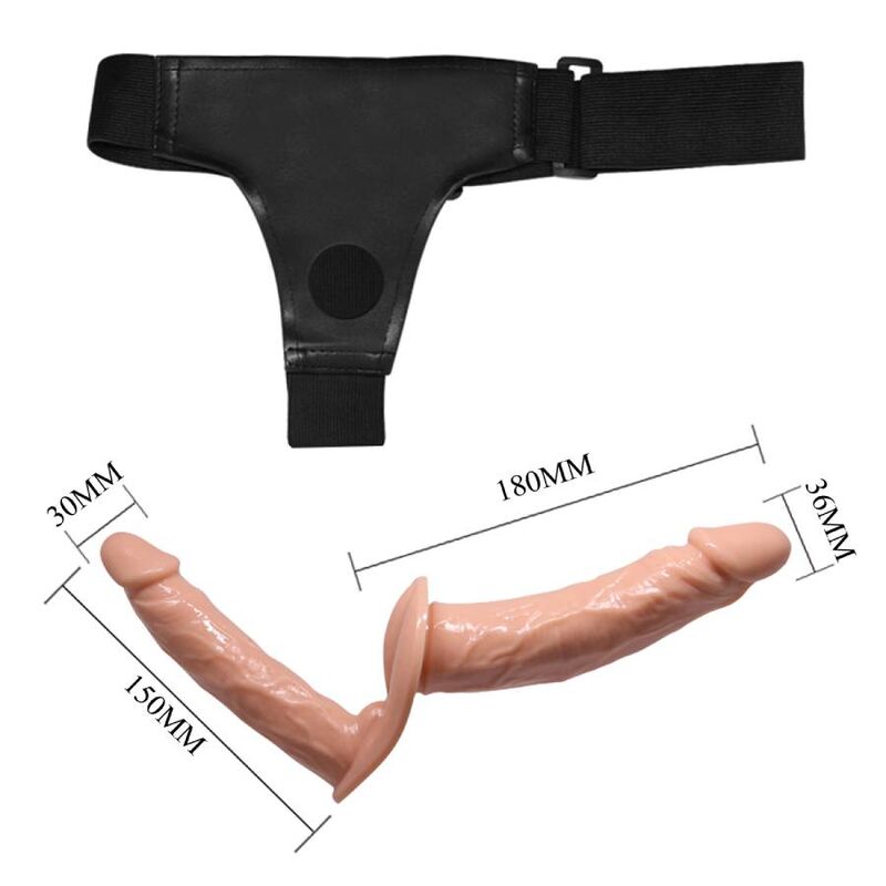 Dildo doppio BAILE Ultra Appassionata con imbragatura, prodotto della collezione BAILE HARNESS COLLECTION, in dettaglio.