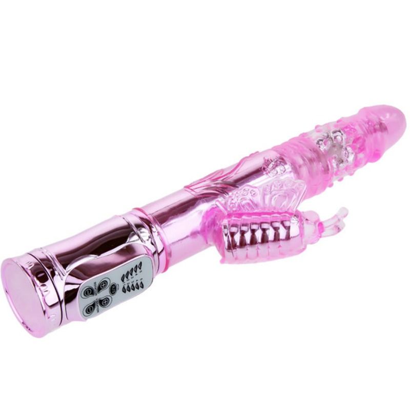 Vibratore ricaricabile BAILE con rotazione e stimolatore a farfalla, pulsante, design elegante e funzionalità multiple.