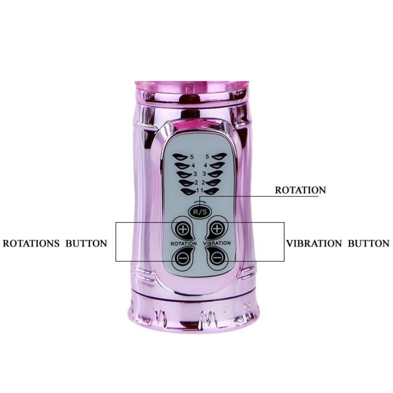Vibratore ricaricabile BAILE con rotazione e stimolatore a farfalla, pulsante, design elegante e funzionale.