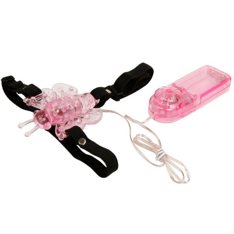 Imbragatura con farfalla vibrante a multivoloc, marca BAILE STIMULATING, in tessuto nero con dettagli colorati.