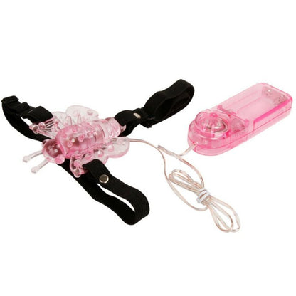 Imbragatura con farfalla vibrante a multivoloc, marca BAILE STIMULATING, in tessuto nero con dettagli colorati.
