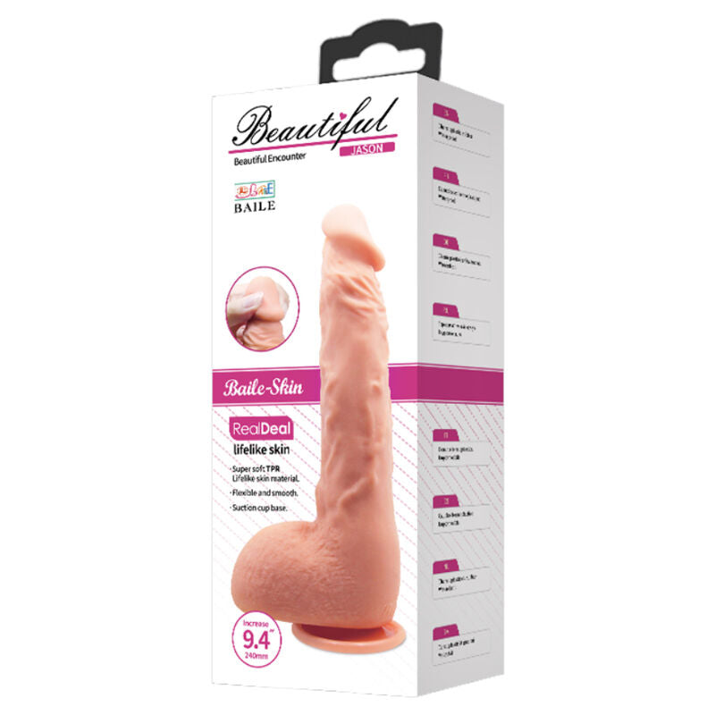 Dildo realistico BAILE Jason naturale 24 cm, silicone morbido e dettagli realistici, ideale per stimolazione e piacere.