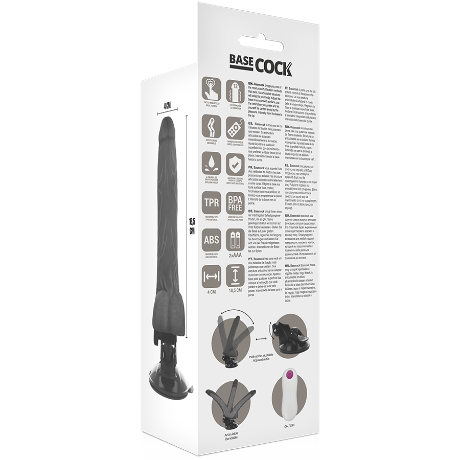 Vibratore articolabile naturale BASECOCK con telecomando, lunghezza 18,5 cm e diametro 4 cm, in silicone realistico.