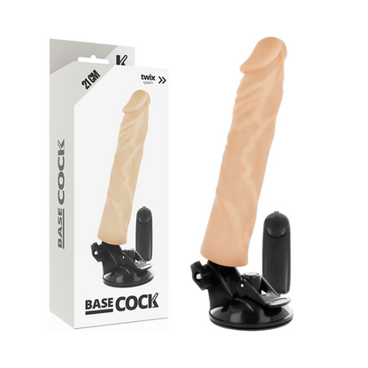 Vibratore realistico con telecomando BASECOCK, lungo 21 cm e diametro 4 cm, con dettagli naturali e design ergonomico.