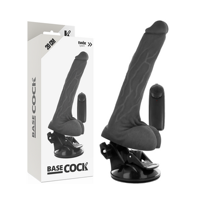 Vibratore telecomando naturale con testicoli, marca BASECOCK, lungo 20 cm e 4 cm di diametro, realistico e dettagliato.