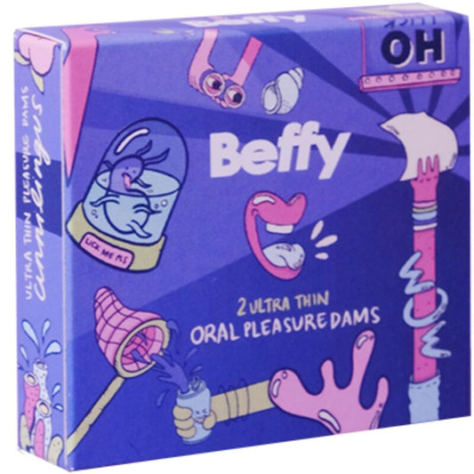 Preservativo BEFFY per sesso orale, confezione con dettagli del prodotto e marca.