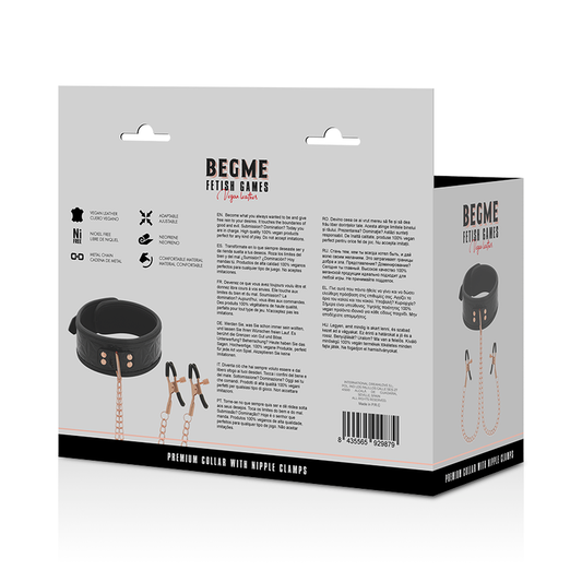 Collare con morsetti per capezzoli della BEGME BLACK EDITION, accessorio per BDSM, in nero con dettagli metallici.