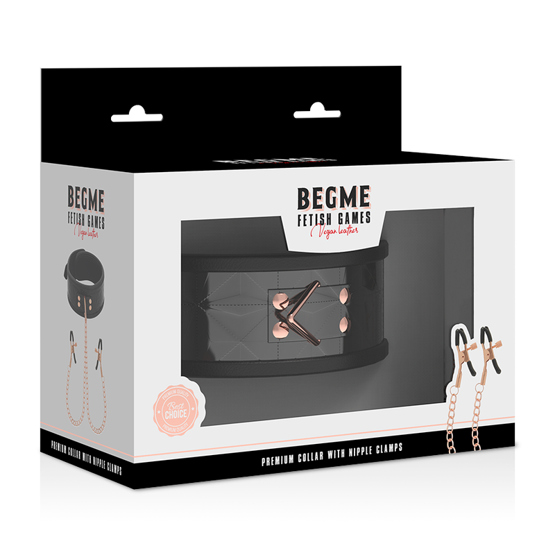 Collare nero BEGME BLACK EDITION con morsetti per capezzoli, accessori BDSM per stimolazione e gioco erotico.