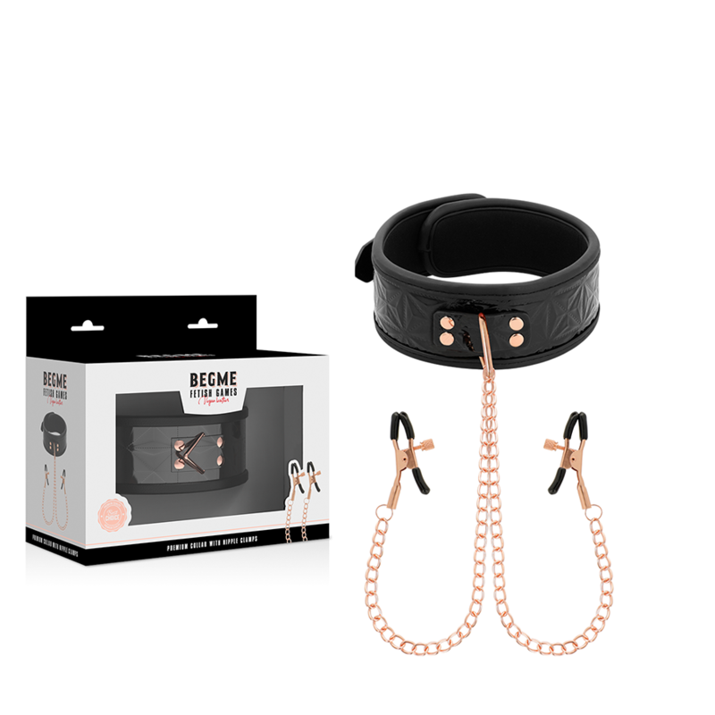 Collare BEGME BLACK EDITION con morsetti per capezzoli, accessorio di bondage in pelle nera per giochi BDSM.