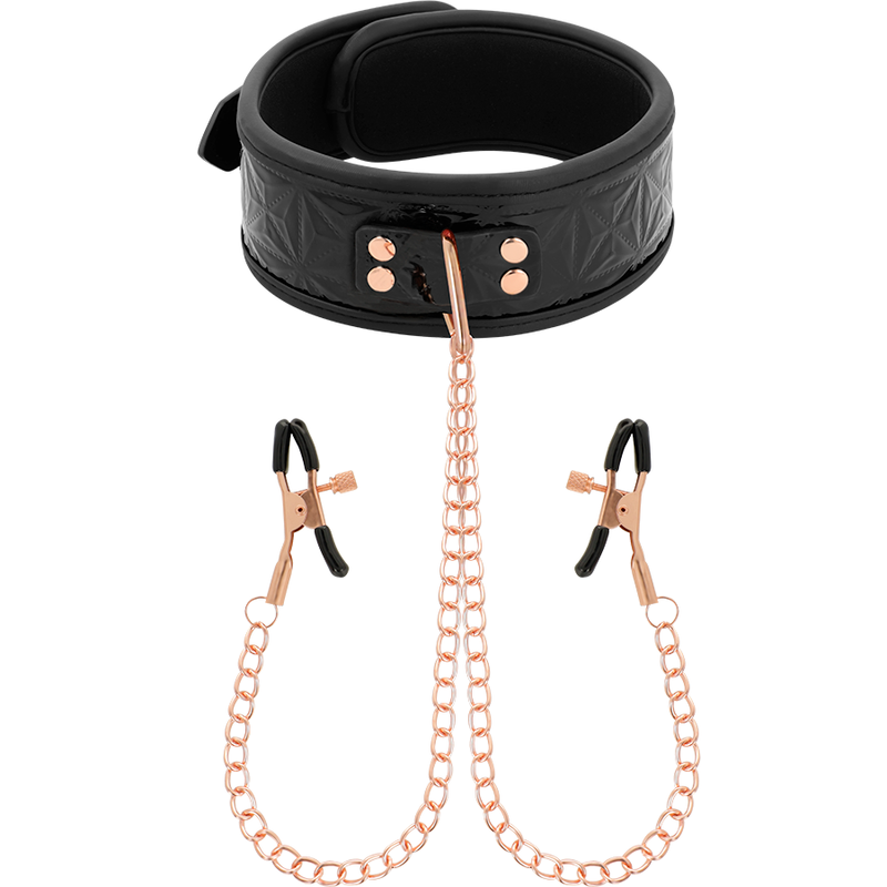 Collare BEGME BLACK EDITION con morsetti per capezzoli, accessorio BDSM in pelle nera e metallo robusto.