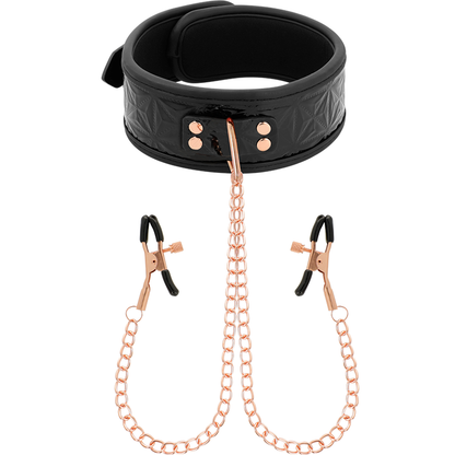 Collare BEGME BLACK EDITION con morsetti per capezzoli, accessorio BDSM in pelle nera e metallo robusto.