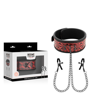 Colletto BEGME Red Edition con morsetti per capezzoli e fodera in neoprene, stile elegante e protettivo.