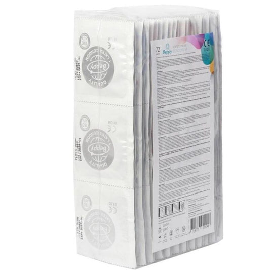 Preservativi naturali BEPPY, confezione da 72 unità, con dettagli del packaging e design semplice in immagine.