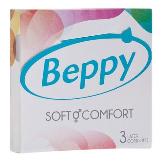 Preservativi BEPPY SOFT E COMFORT, confezione da 3 preservativi, imballaggio bianco e blu con logo BEPPY.