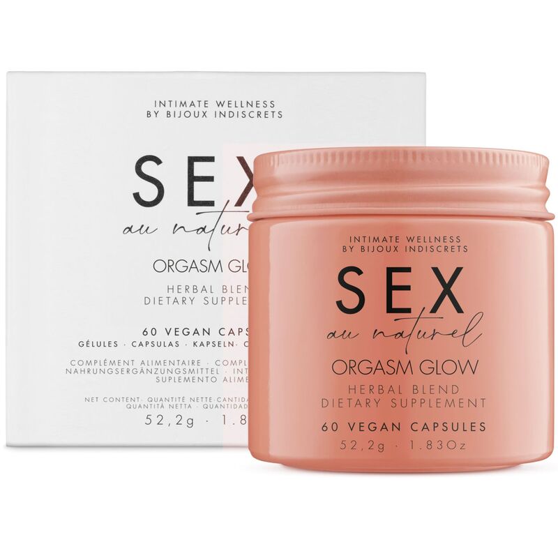 Capsule di integratore alimentare BIJOUX ORGASM GLOW in confezione da 60, con etichetta e blister visibili.