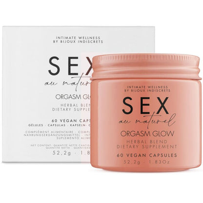 Capsule di integratore alimentare BIJOUX ORGASM GLOW in confezione da 60, con etichetta e blister visibili.