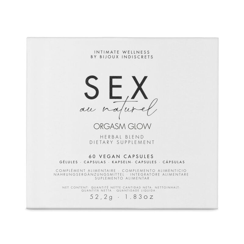 Capsule di integratore alimentare Orgasm Glow di Bijoux au Naturel, 60 capsule, confezione con etichetta e dettagli del prodotto.