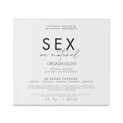 Capsule di integratore alimentare Orgasm Glow di Bijoux au Naturel, 60 capsule, confezione con etichetta e dettagli del prodotto.