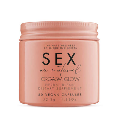 Capsule di integratore alimentare Orgasm Glow di Bijoux au Naturel, 60 capsule, confezione bianca con etichetta colorata.