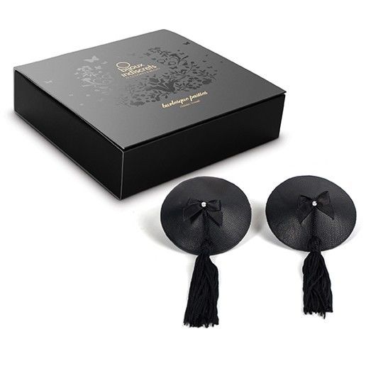 Pasties neri Burlesque di Bijoux Burlesque, copritepi eleganti e decorativi per performance burlesque e spettacoli teatrali.
