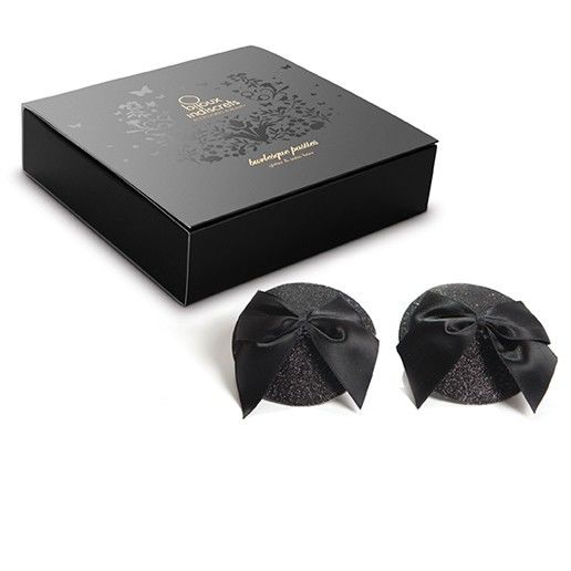 Pasties burlesque lucidi con fiocco della linea Bijoux Burlesque, copritezzoli eleganti e lucidi con dettaglio fiocco.