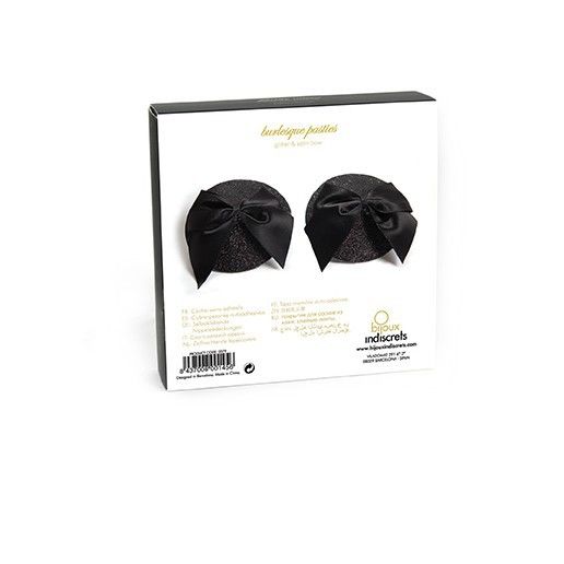 Pasties lucidi con fiocco della linea Bijoux Burlesque, copritezzoli burlesque eleganti e decorativi con fiocco brillante.