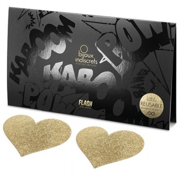 Coppie di copri capezzoli con cuore dorato della collezione BIJOUX FLASH COLLECTION, dettagli eleganti e raffinati.