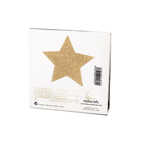 Copri capezzoli BIJOUX INDISCRETS Flash Golden Star, gioielli intimi con stelle dorate, ideale per look seducenti e raffinati.