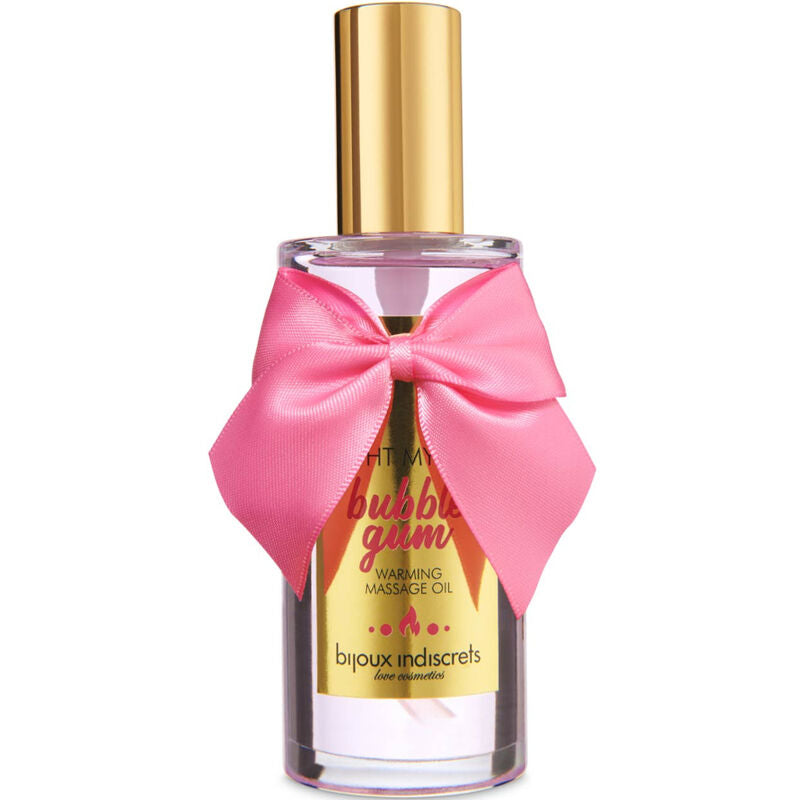 Olio da massaggio BIJOUX INDISCRETS Light My Fire con effetto caldo e gusto gomma, bottiglia elegante e design attraente