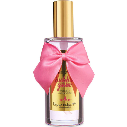Olio da massaggio BIJOUX INDISCRETS Light My Fire con effetto caldo e gusto gomma, bottiglia elegante e design attraente