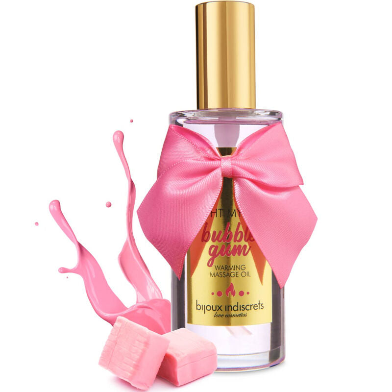 Olio da massaggio Indiscrets Light My Fire di Bijoux Love Cosmetiques, effetto calore e gusto gomma, bottiglia elegante e compatta