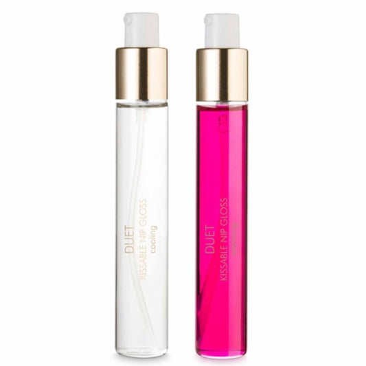 Set di due gloss per capezzoli BIJOUX LOVE COSMETIQUES, uno caldo e uno freddo, ideale per un look sensuale e luminoso.