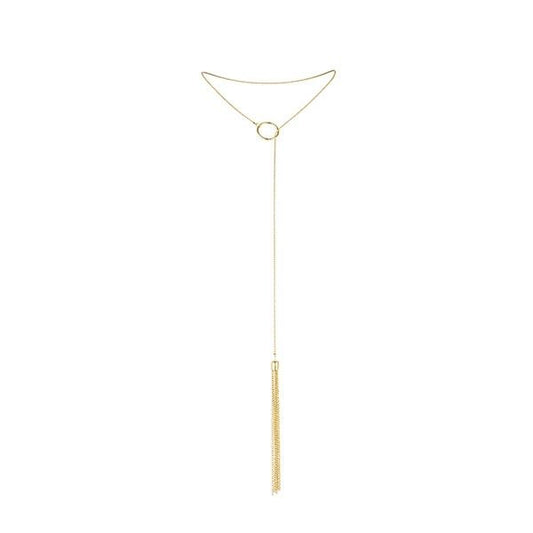 Collana in metallo con frange dorate, bijoux Magnifique, accessorio elegante e alla moda.