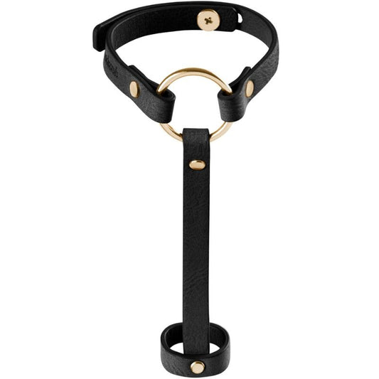 Bracciale Indiscrets Maze in pelle nera con imbragatura a mano, design artigianale e dettagli eleganti.
