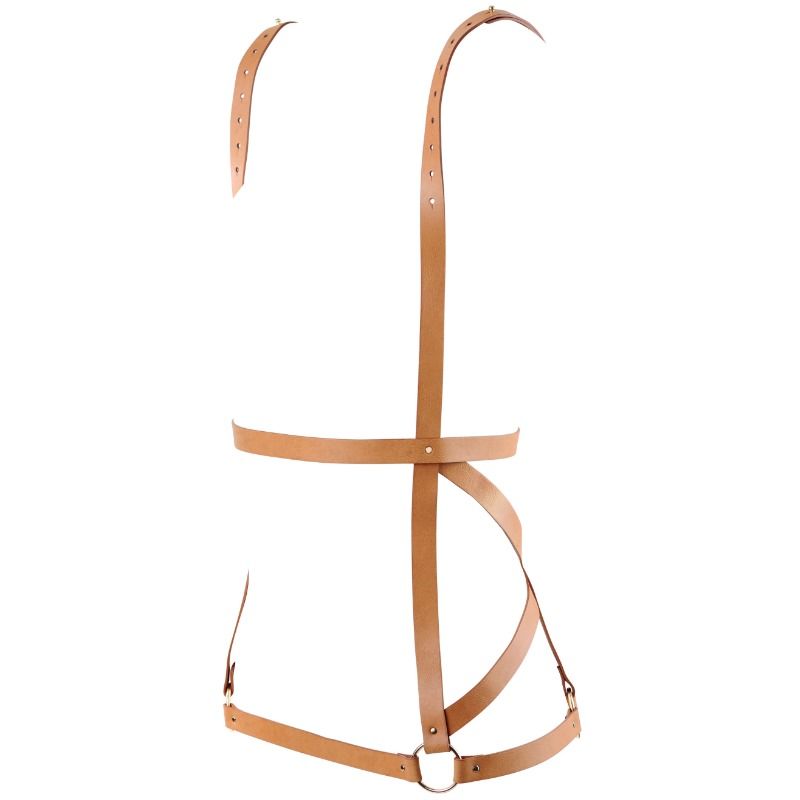 Immagine di un harness forma abito marrone BIJOUX INDISCRETS MAZE, con dettagli eleganti e design avvolgente.