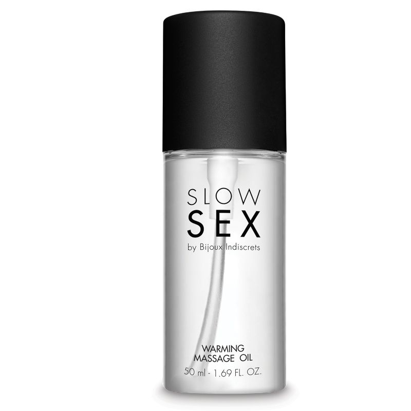 Olio da massaggio erotico BIJOUX SLOW SEX, effetto calore, 50 ml, contenitore trasparente con etichetta.