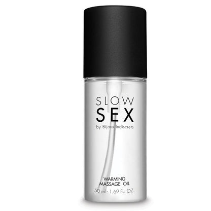 Olio da massaggio erotico BIJOUX SLOW SEX, effetto calore, 50 ml, contenitore trasparente con etichetta.
