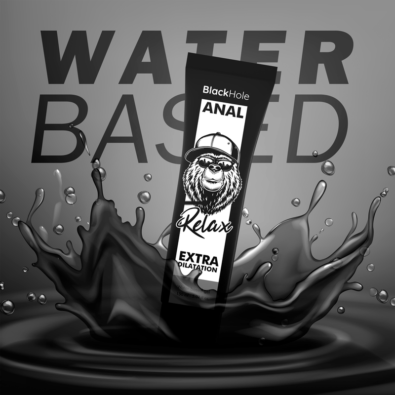 Gel a base d'acqua BLACK HOLE per dilatazione anale, 150 ml, contenitore con etichetta nera e design semplice.
