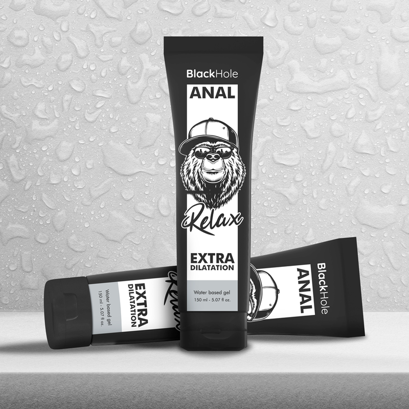 Gel a base d'acqua Black Hole per dilatazione anale, 150 ml, in tubo con etichetta nera e logo nero.