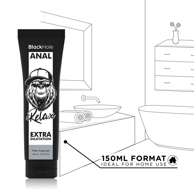 Gel a base d'acqua BLACK HOLE per dilatazione anale, 150 ml, confezione con etichetta nera e testo descrittivo.