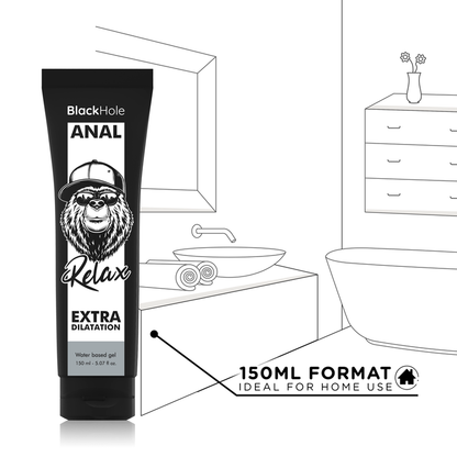 Gel a base d'acqua BLACK HOLE per dilatazione anale, 150 ml, confezione con etichetta nera e testo descrittivo.