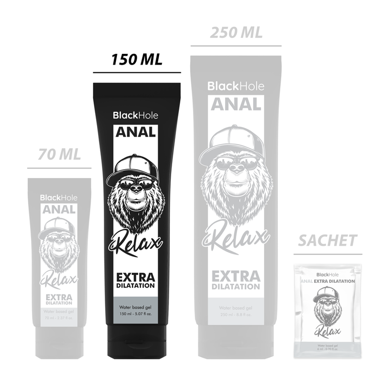 Gel a base d'acqua BLACK HOLE per dilatazione anale, 150 ml, con texture trasparente e design semplice.