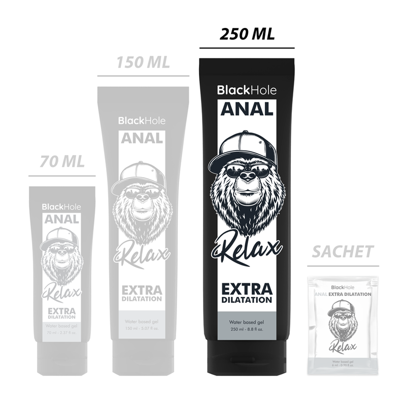 Gel a base d'acqua BLACK HOLE per dilatazione anale, 250 ml, visibile nella confezione con etichetta nera e design semplice