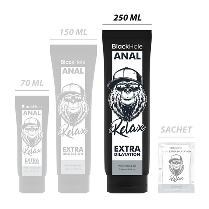 Gel a base d'acqua BLACK HOLE per dilatazione anale, 250 ml, visibile nella confezione con etichetta nera e design semplice