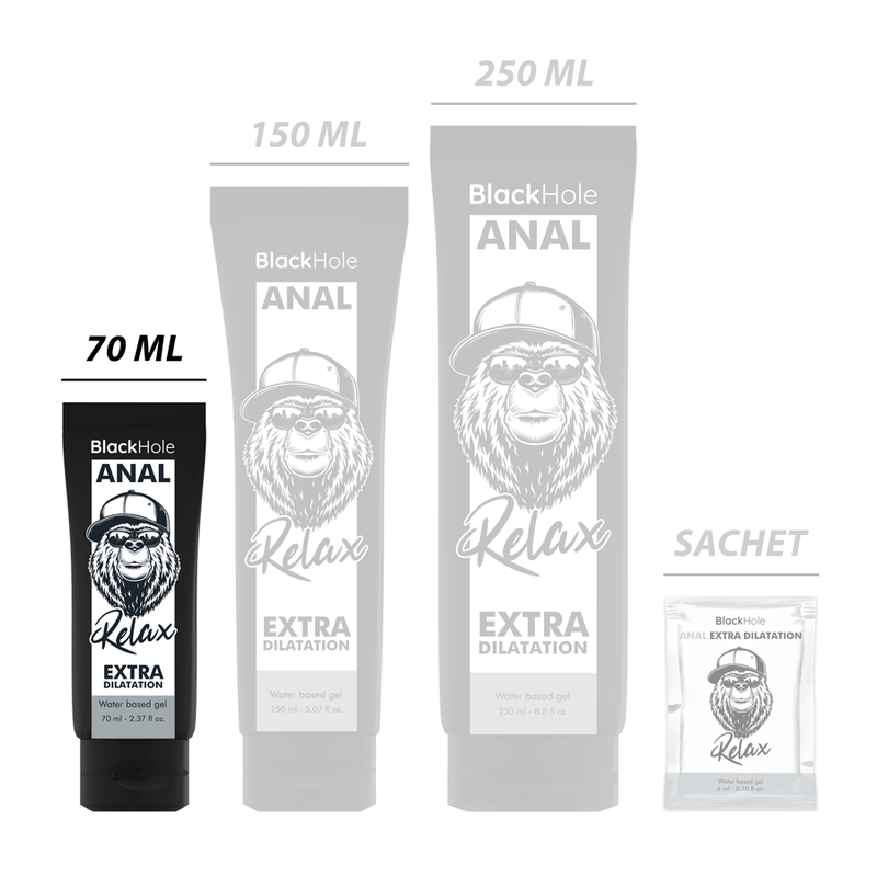 Gel dilatante anale BLACK HOLE, a base d'acqua, 70 ml, flacone con etichetta nera e design semplice.