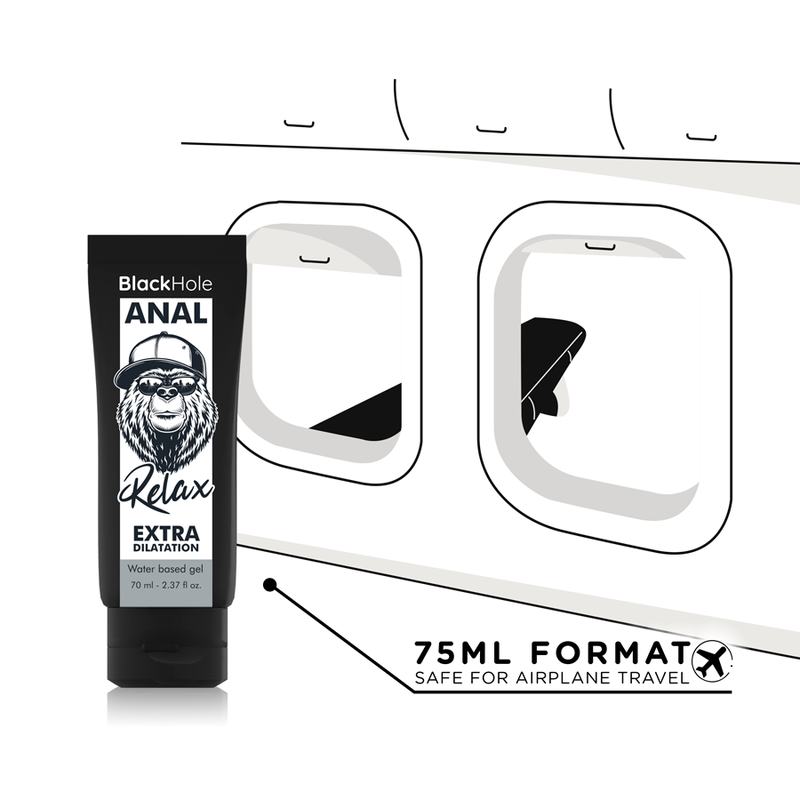 Gel dilatante anale Black Hole a base d'acqua, 70 ml, con formula idratante e delicata, visibile nella confezione del prodotto.
