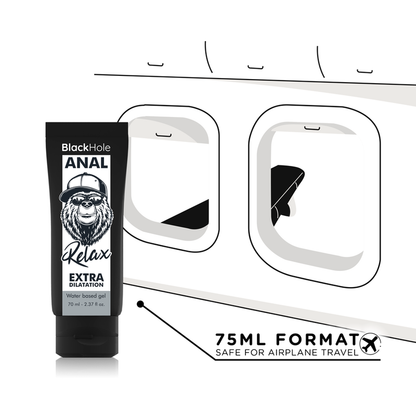 Gel dilatante anale Black Hole a base d'acqua, 70 ml, con formula idratante e delicata, visibile nella confezione del prodotto.