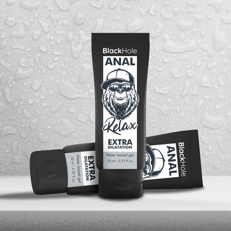 Gel dilatante anale BLACK HOLE a base d'acqua, 70 ml, con confezione del prodotto visibile e design nero distintivo.